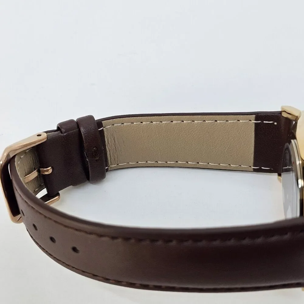 Men's Watch 40MM Gold Case Blue Dial Brown Leather Band‎ Straps Date Indicator